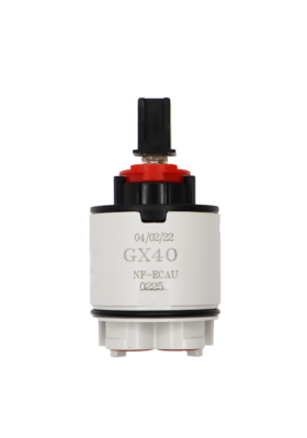 Light grey plastic cartridge with black top red limit stop square handle connection black rubber o-ring and red rubber seals GX40 printed on the cartridge.