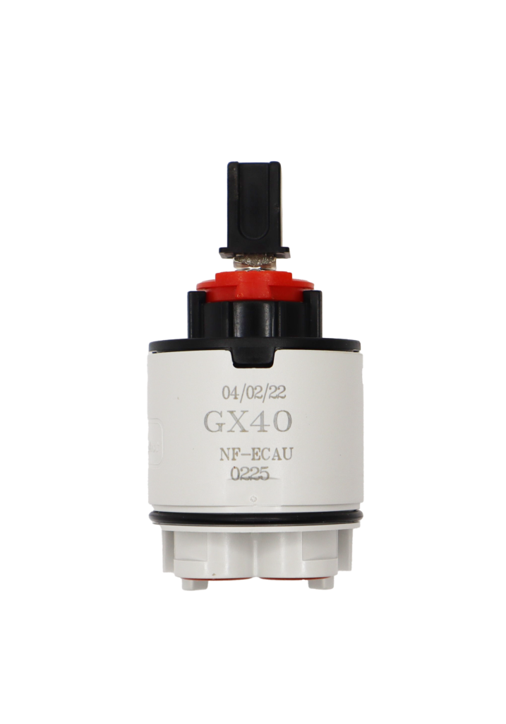Light grey plastic cartridge with black top red limit stop square handle connection black rubber o-ring and red rubber seals GX40 printed on the cartridge.