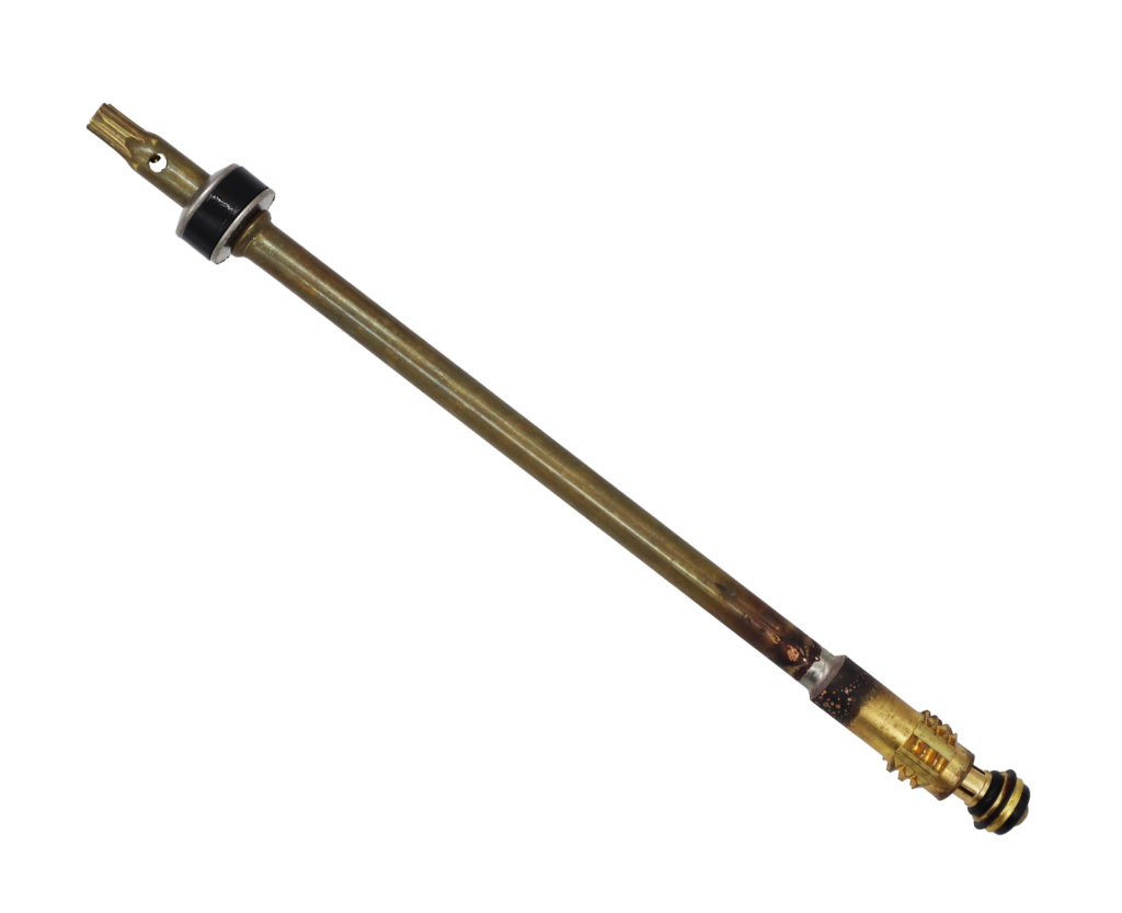 Bright brass stem with brass screw black rubber washers stainless spring and stainless washers.