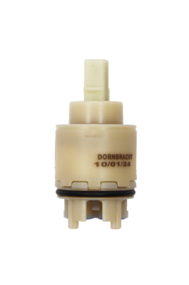 Beige plastic cartridge with white square handle connection with black rubber o-ring with blue rubber seals dornbracht printed on the cartridge.