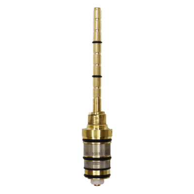 Bright brass body and stem with stainless steel screens black rubber o-rings and white spacer an copper thermo.