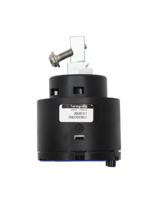 Black plasti cartridge with stainless square handle connection and screw with blue rubber bottom seal.
