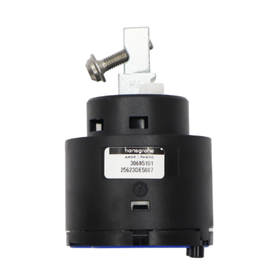 Black plastic cartridge with stainless square handle connection and screw with blue rubber bottom seal.
