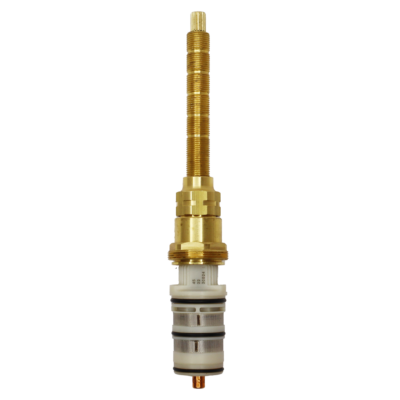 Bright brass nut and handle adapter with white plastic body black rubber o-rings and copper thermo.