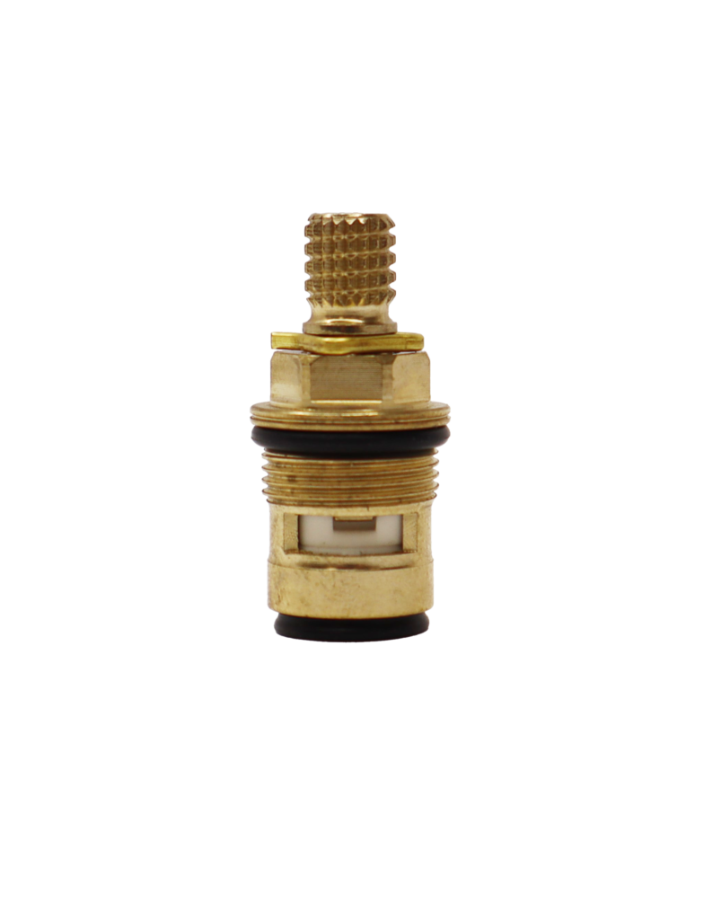 Bright brass cartridge with black rubber o-ring and black rubber washer.