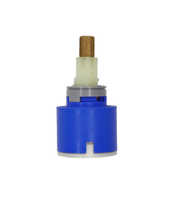 Bright blue plastic cartrigde with white limit stop brass handle connection and red rubber seals.