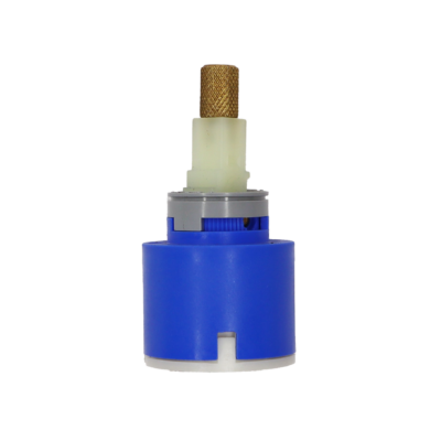 Bright blue plastic cartrigde with white limit stop brass handle connection and red rubber seals.