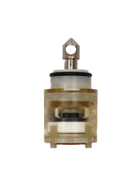 Clear plastic cartridge with white limit stop black o-ring metal handle connection and red rubber seal.