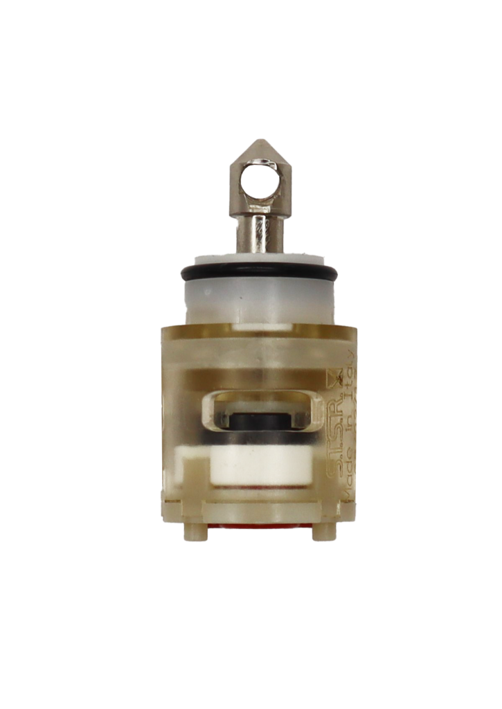 Clear plastic cartridge with white limit stop black o-ring metal handle connection and red rubber seal.