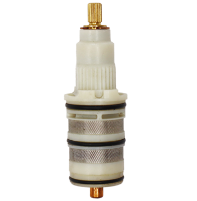 Bright brass stem with with plastic body stainless steel screens black rubber o-rings and copper thermo.