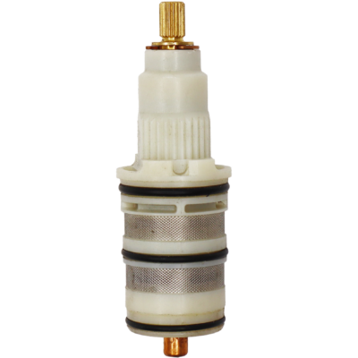 Bright brass stem with with plastic body stainless steel screens black rubber o-rings and copper thermo.