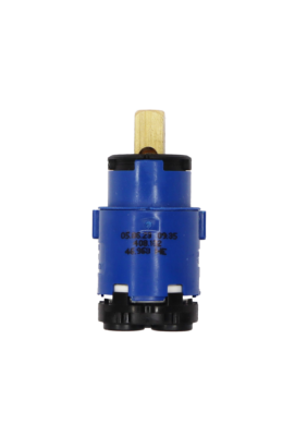 Bright blue and black plastic cartridge with brass stem and black rubber seals.