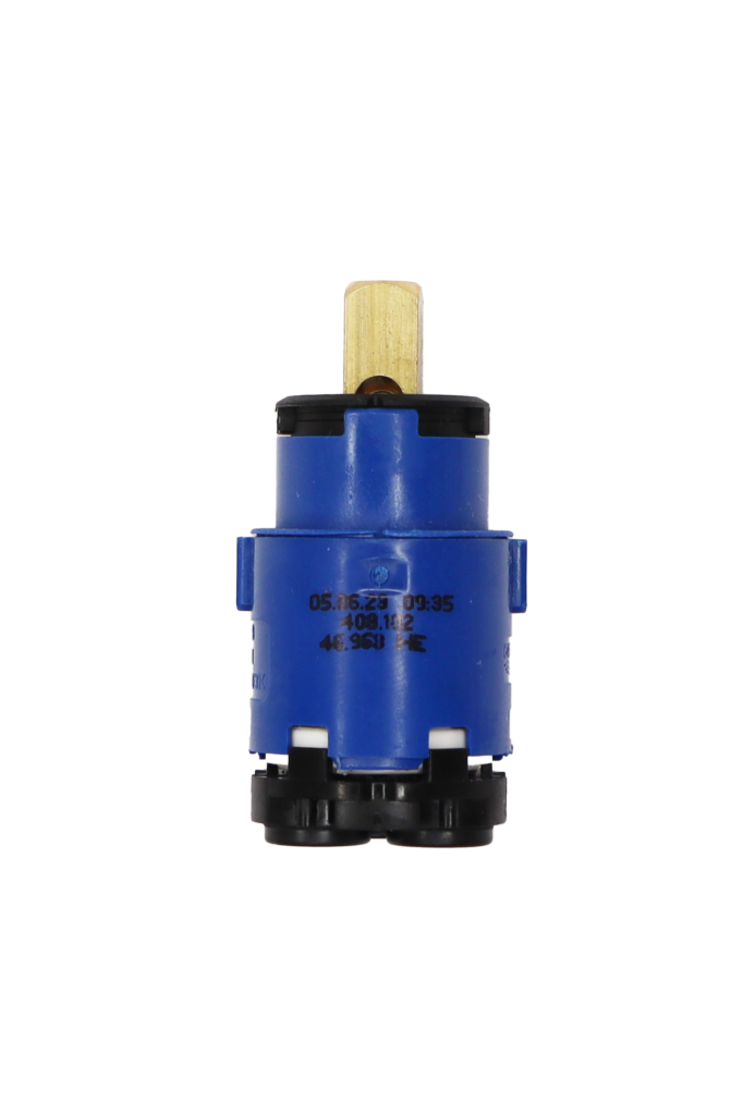 Bright blue and black plastic cartridge with brass stem and black rubber seals.