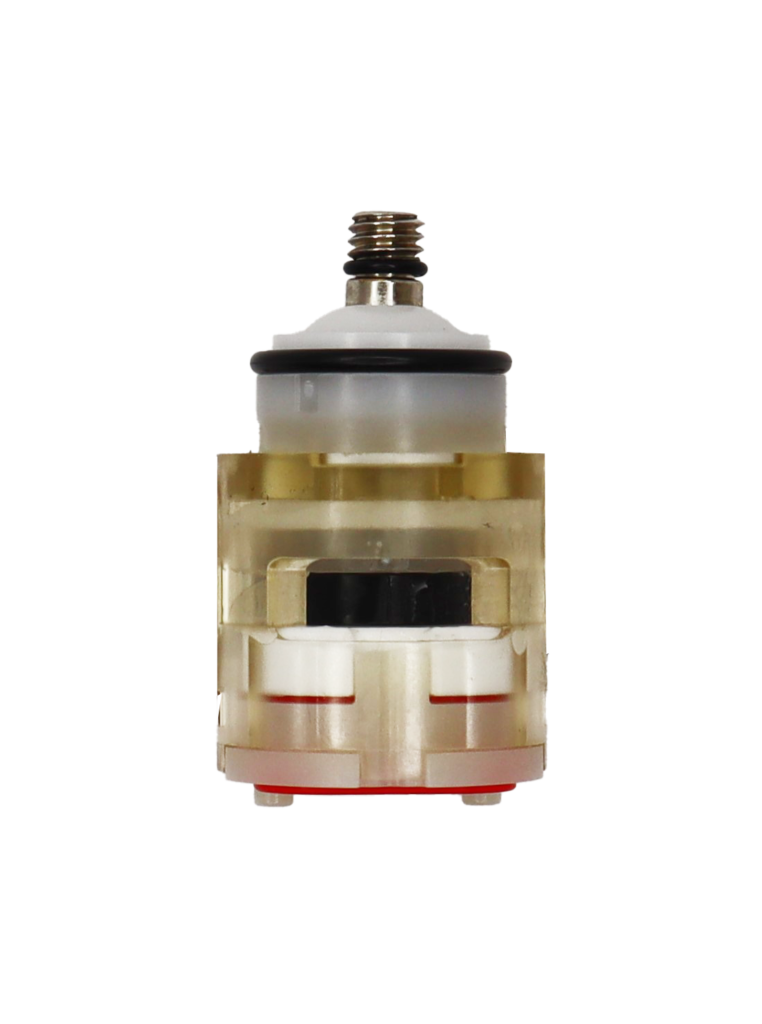 Clear and white plastic cartridge with stainless screw handle connection white ceramic discs black rubber o-ring and red rubber seal.