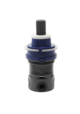 Blue and grey plastic cartridge with white plastic rings and black rubber seals.