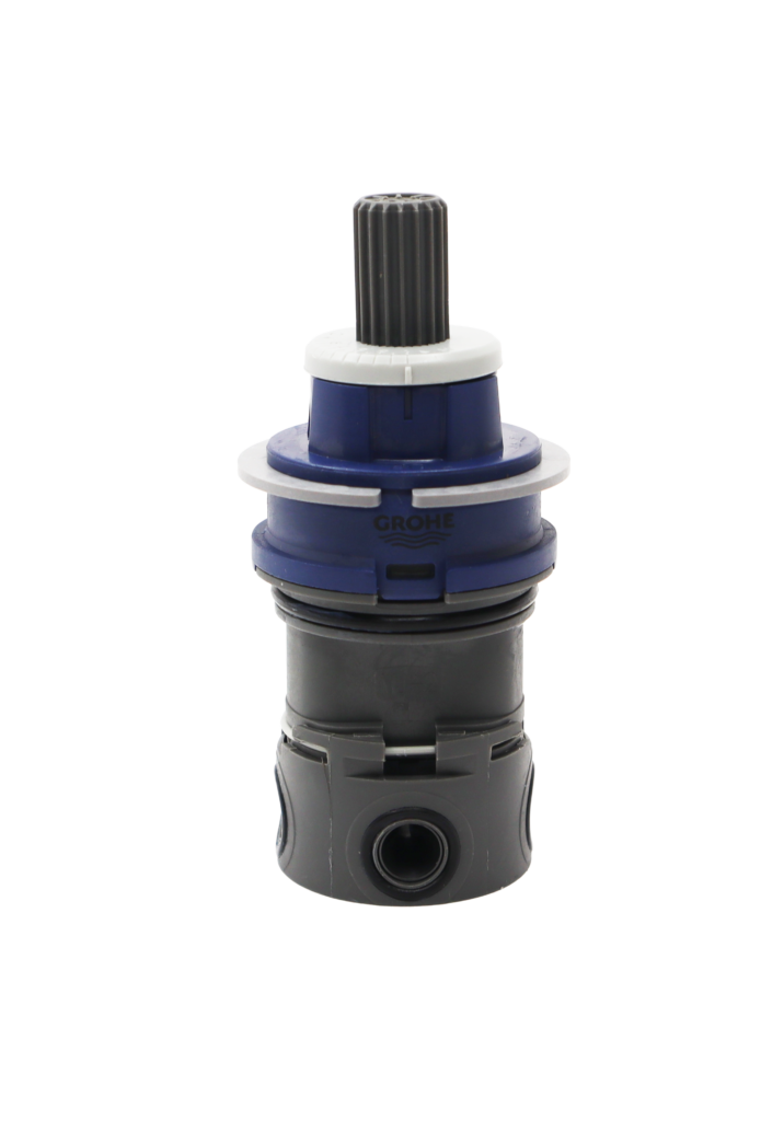 Blue and grey plastic cartridge with white plastic rings and black rubber seals.