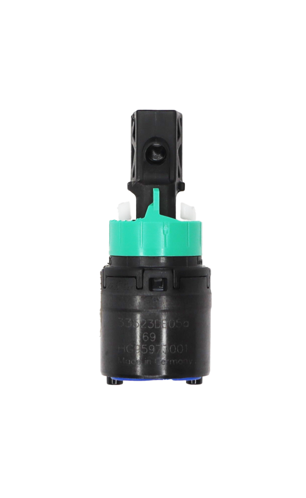 Full front view of the green and black 25 mm cartridge.