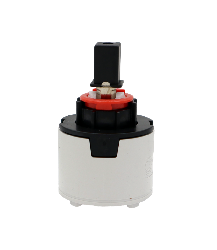 Grey and black plastic cartridge with red limit stop blakc plastic handle adater metal stem and red rubber seal.