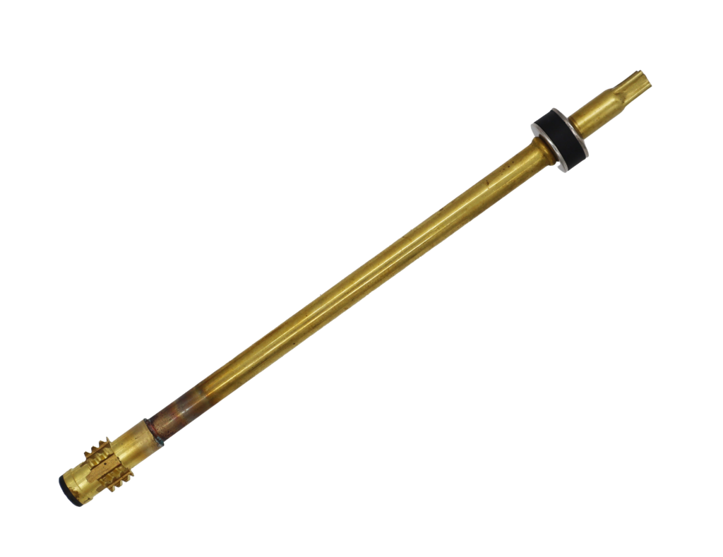 Bright brass stem with brass screw black rubber washers and stainless metal washers.