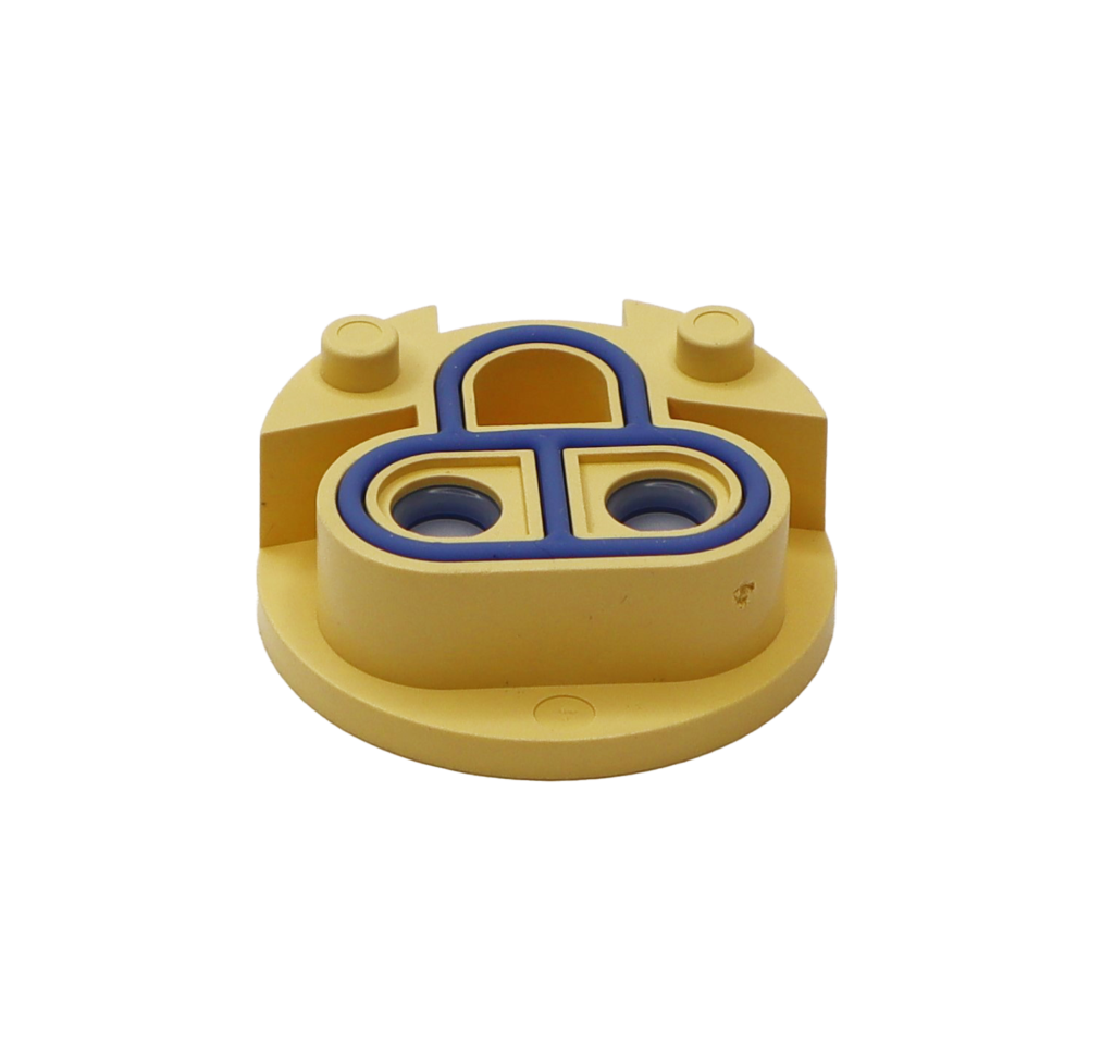 Tan plastic balancer with blue rubber seals.