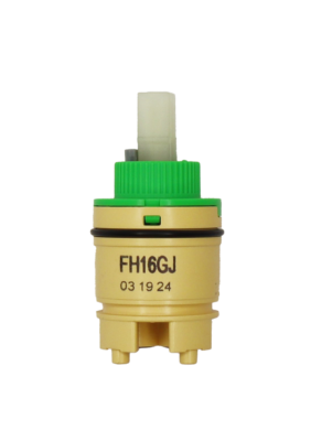 Tan plasti cartridge body with lime green top white square handle connection black rubber o-ring and blakc rubber seals.