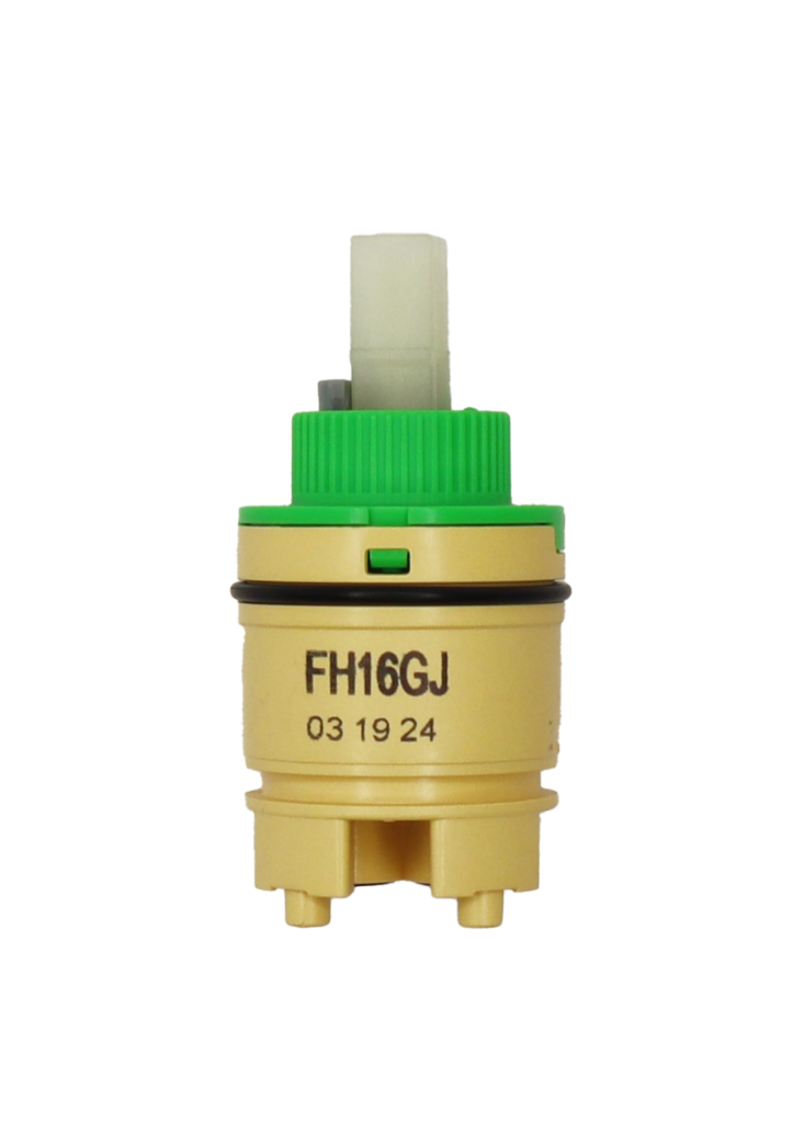 Tan plasti cartridge body with lime green top white square handle connection black rubber o-ring and blakc rubber seals.