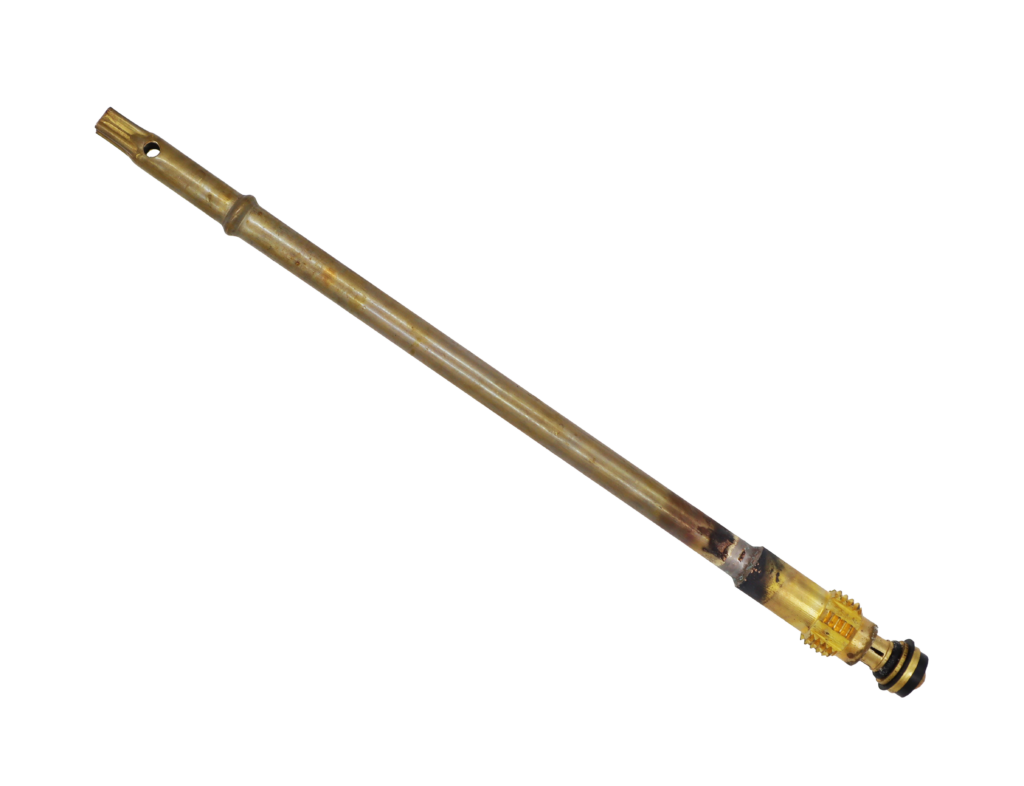 Bright brass stem with brass screw black rubber washers black rubber o-ring and stainless spring.