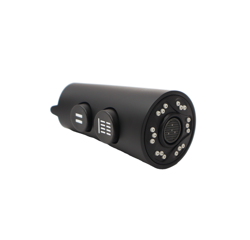 Matte black sprayhead with black dual control buttons.