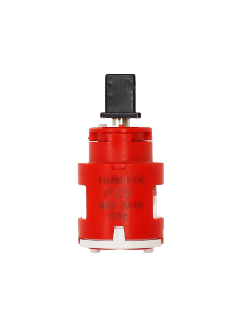 Red plastic cartridge with black plastic handle adapter metal stem with red rubber seal.