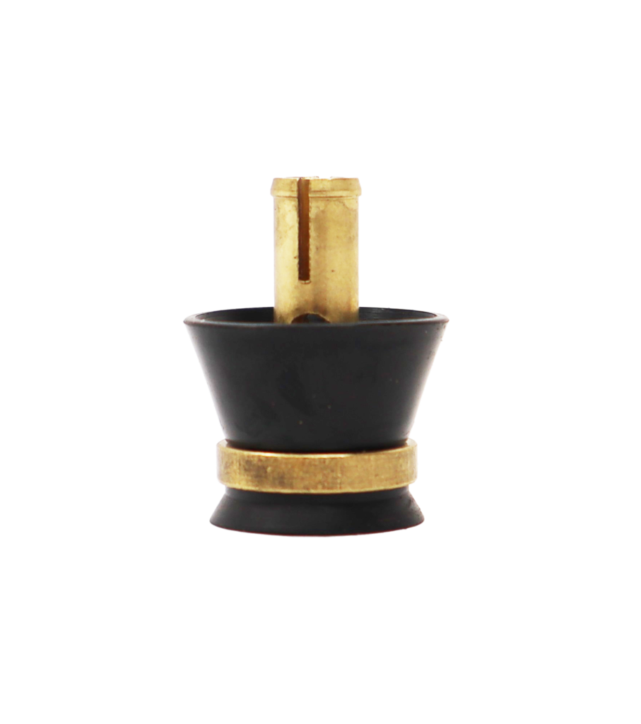 Bright brass stem with blakc rubber seal and washer with stainless screw.