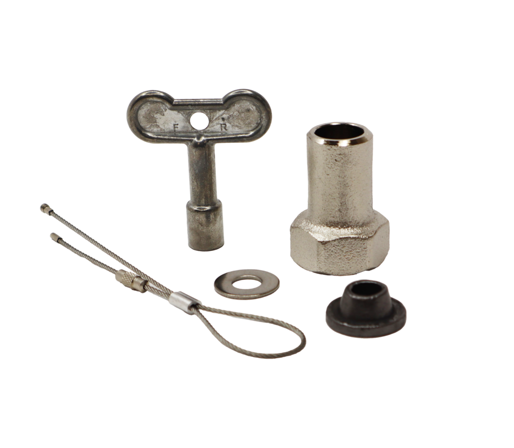 Polishedchrome nut with metal washer grey graphite packing aluminum t handle and braided steel cord.