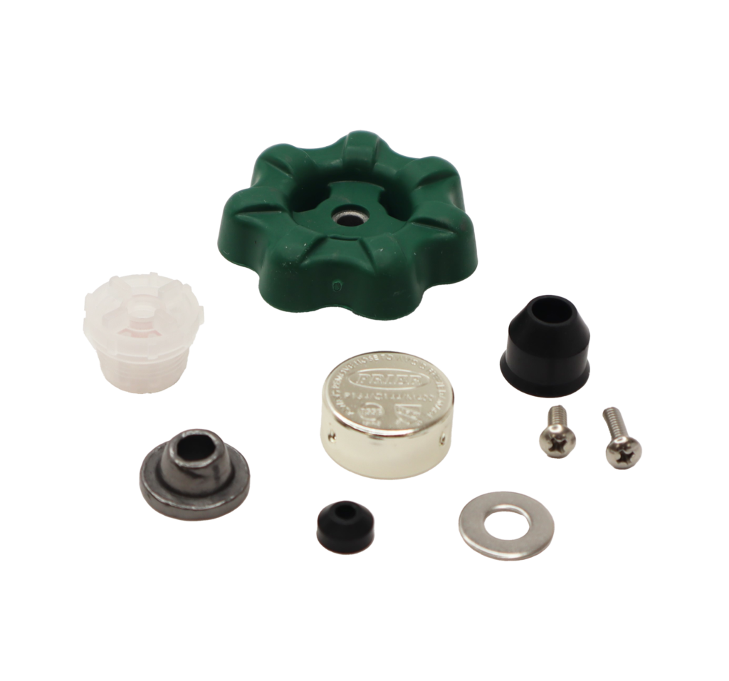 Green wheel style handle clear plastic vacuum breaker polished chrome cap with grey graphie packing blacj rubber seal and washer with stainless washer and screws.