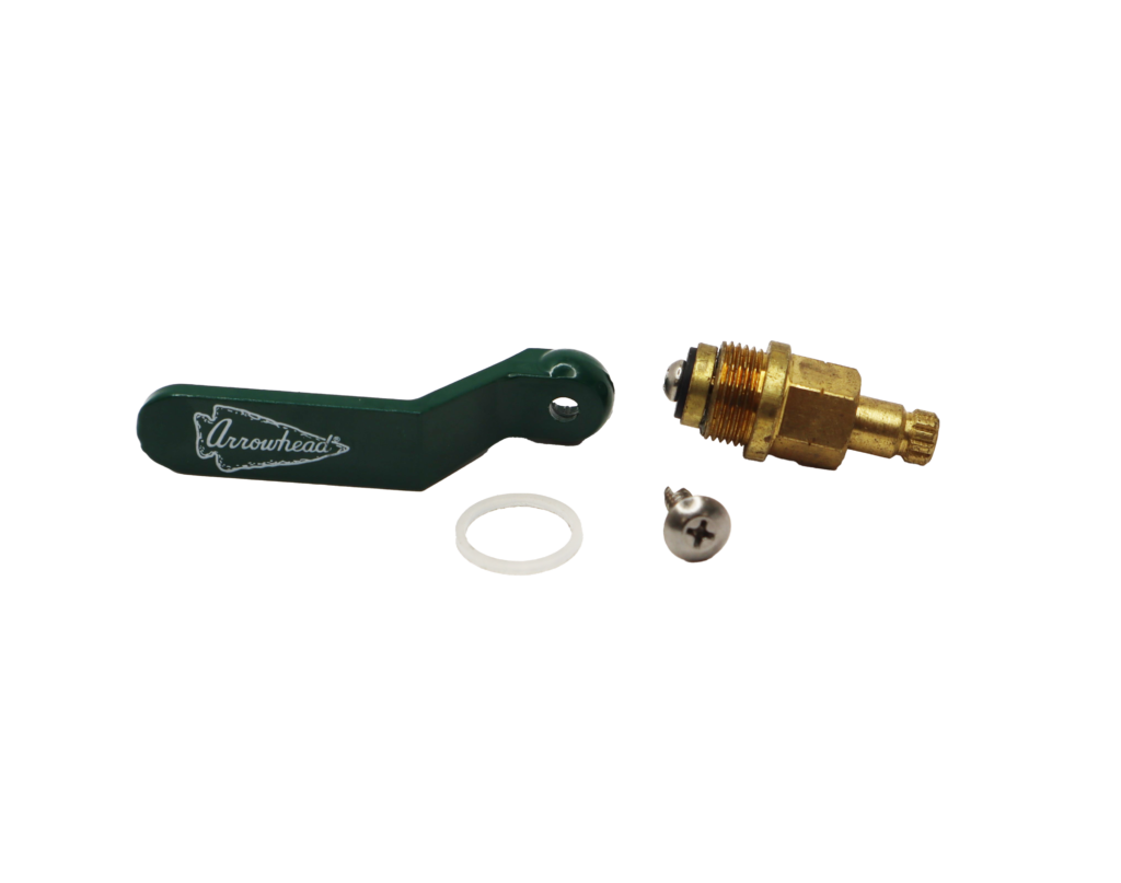 Green lever handle with bright brass stem white plastic oring.