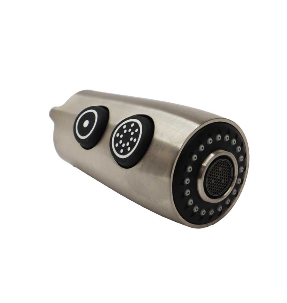 Stainless steel sprayhead with 2 black rubber buttons.