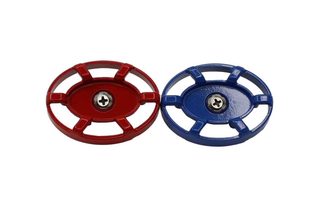 Red and blue oval die cast handles with stainless screws.