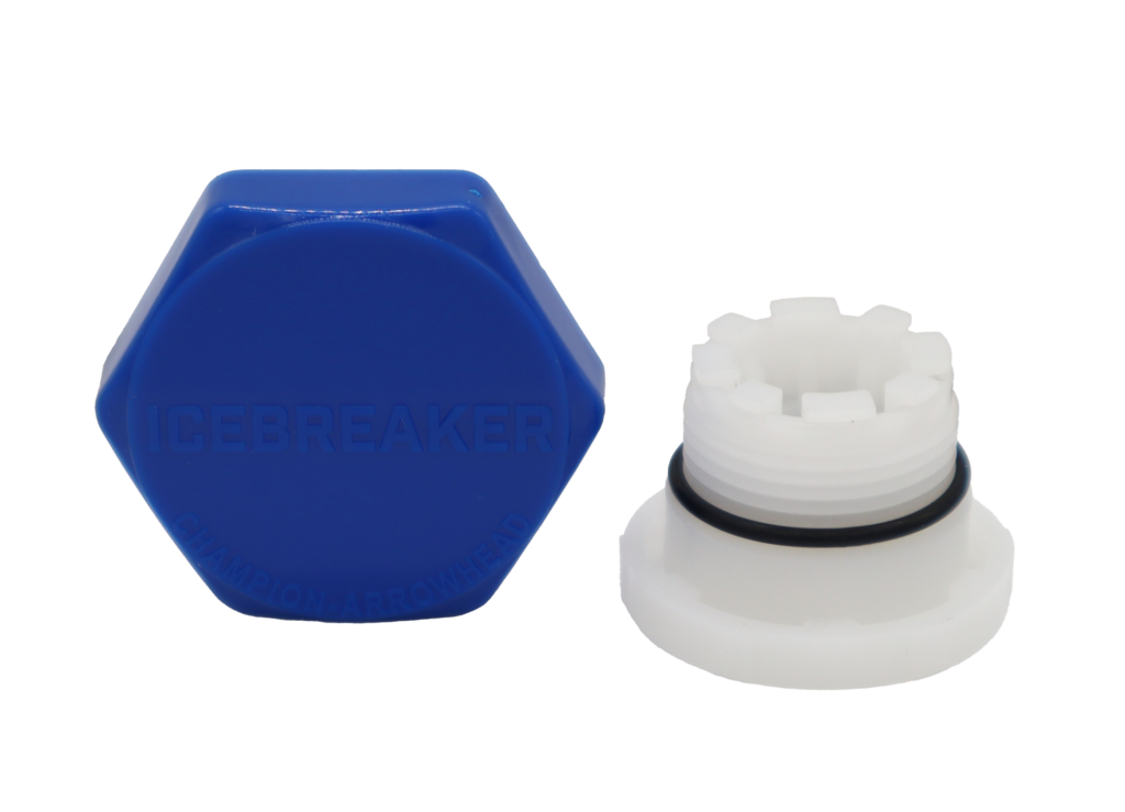 Bright blue plastic cap white plastic vacuum breaker with black rubber o-ring.