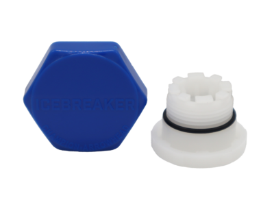 Bright blue plastic cap white plastic vacuum breaker with black rubber o-ring.