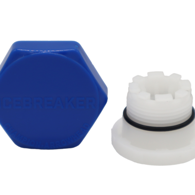 Bright blue plastic cap white plastic vacuum breaker with black rubber o-ring.