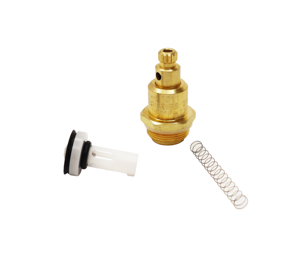 Bright brass stem with stainless spring and white plastic check with black rubber washers.