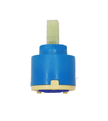 Light blue plastic cartridge with white square handle connection with tan bottom and blue rubber seals.
