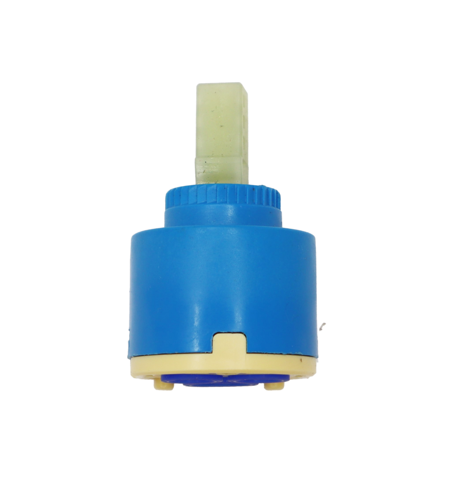 Light blue plastic cartridge with white square handle connection with tan bottom and blue rubber seals.