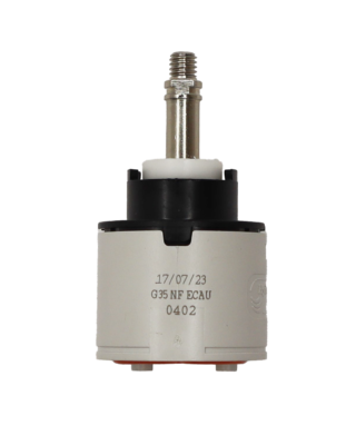 Grey plastic cartridge with black top white limit stop polishe dchrome screw type handle connection with red rubber seal.