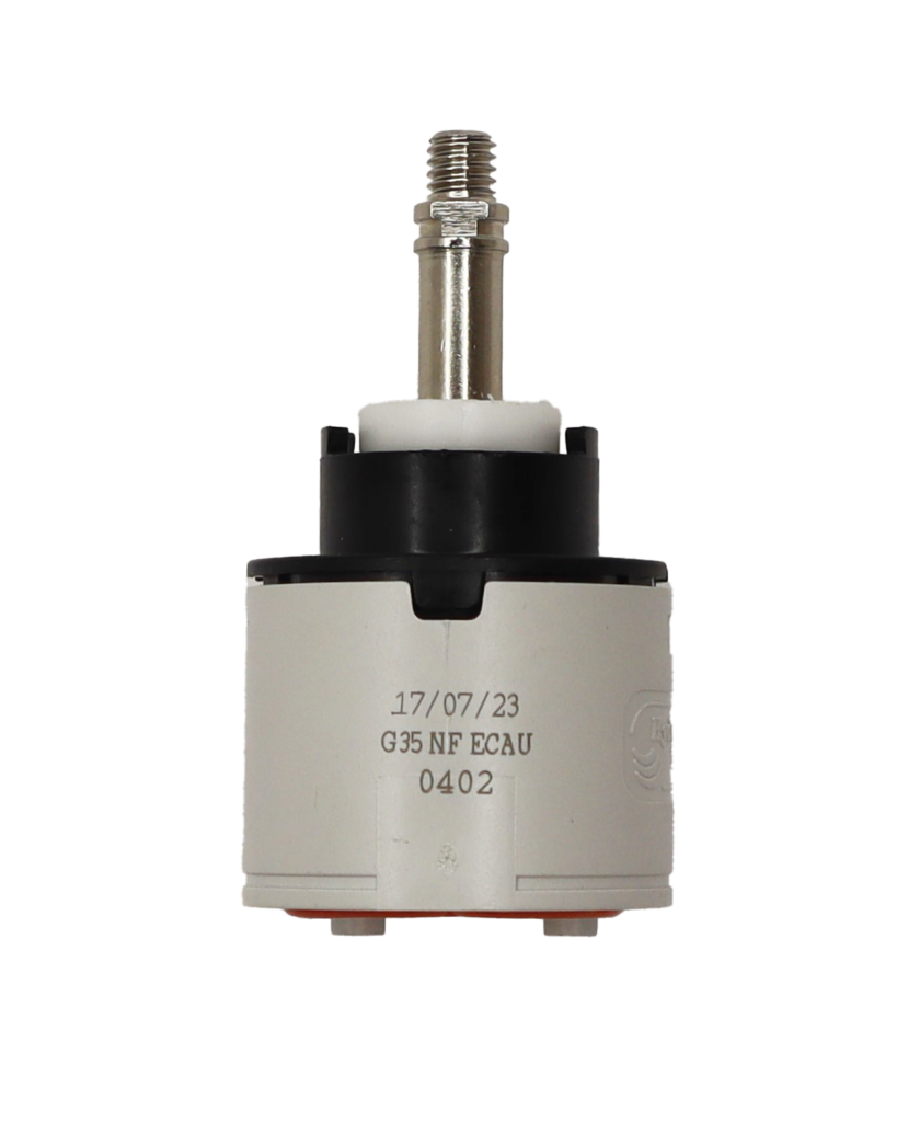 Grey plastic cartridge with black top white limit stop polishe dchrome screw type handle connection with red rubber seal.
