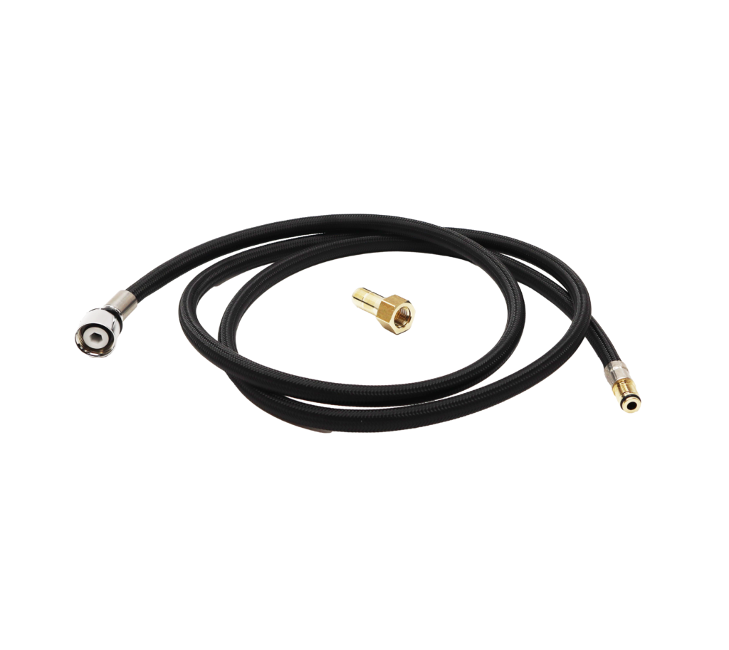 Black braided nylon hose with brass threaded faucet connection and polished chrome spray head connection.