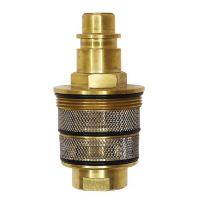 Bright brass cartridge with stainless steel screens with black rubber o-rings and copper thermo.