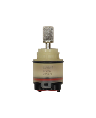 Clear plastic cartridge with square metal handle connection black rubber o-ring and red rubber seals.