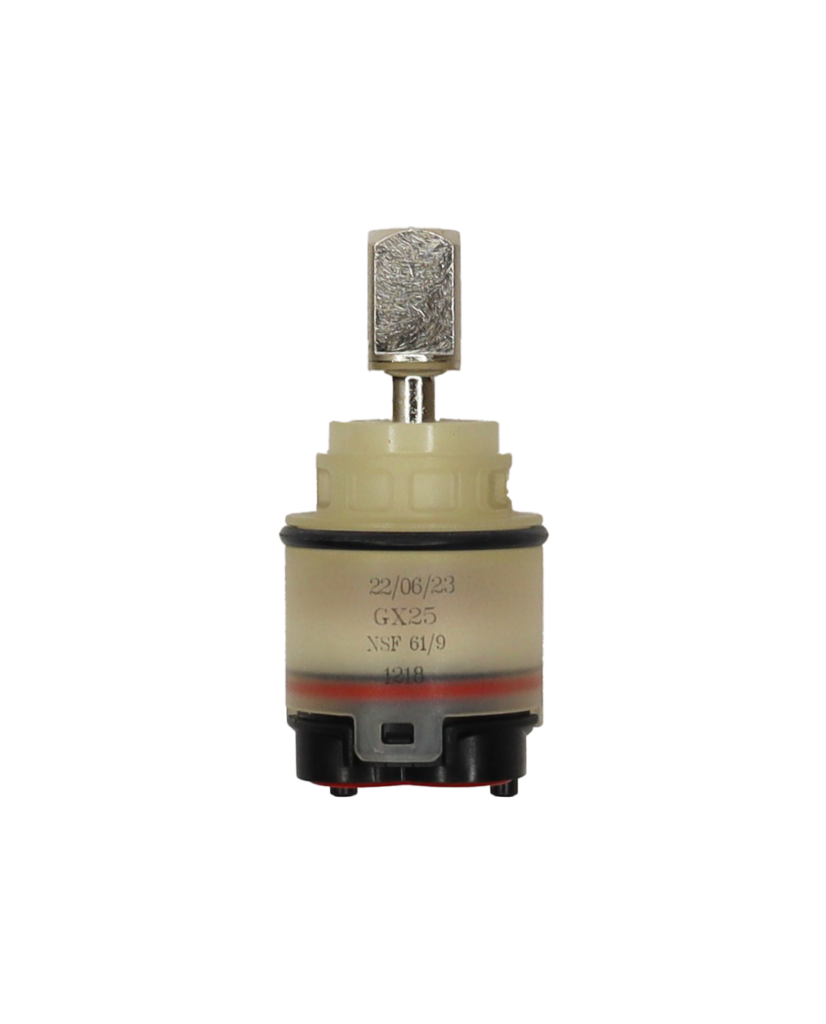 Clear plastic cartridge with square metal handle connection black rubber o-ring and red rubber seals.