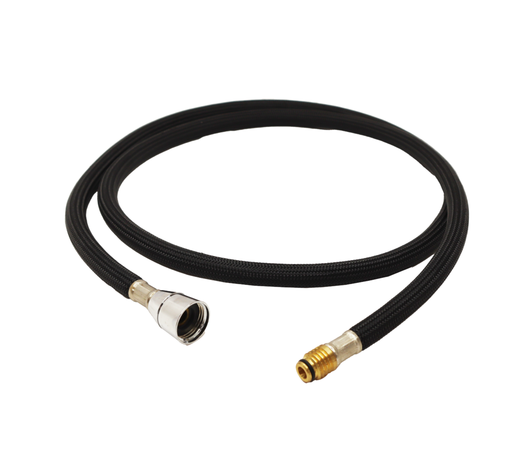 Black braided nylon hose with polished chrome spray head connection and bright brass threaded faucet connection.