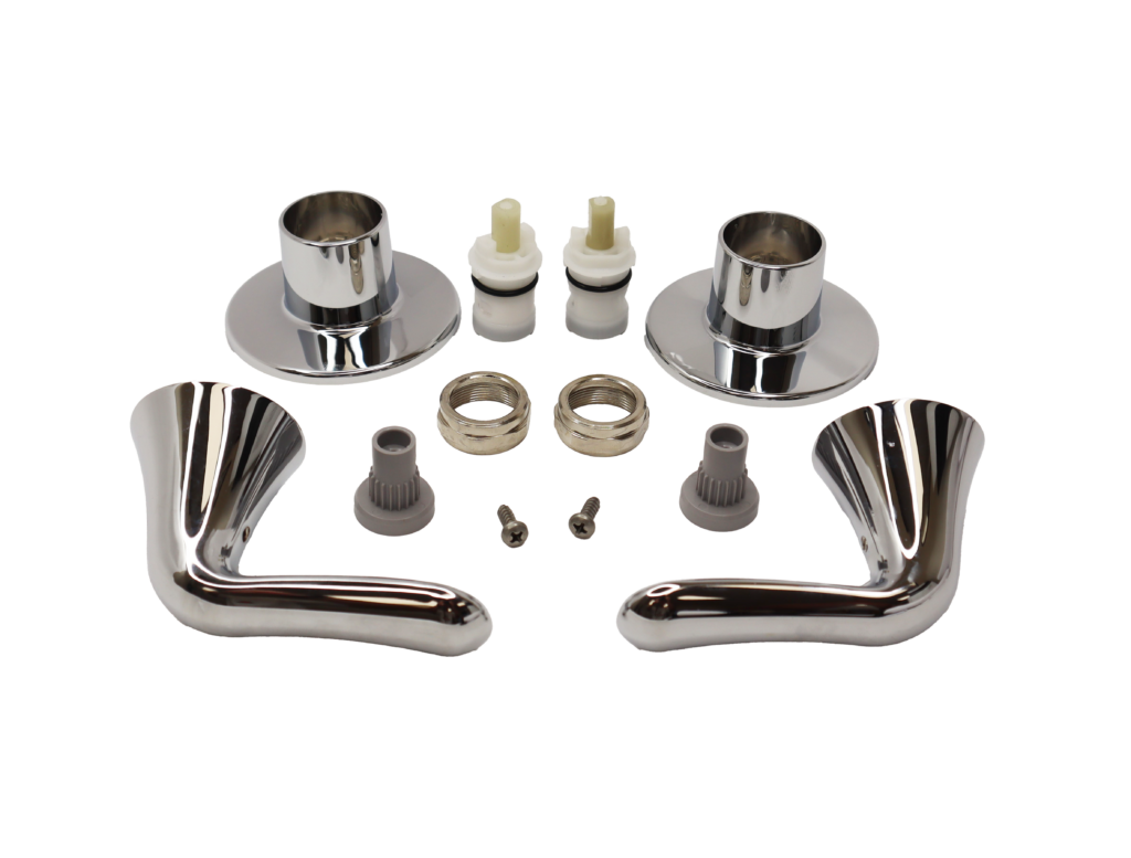 Polished chrome handles and escutcheons white platic cartridges stainless nuts and plastic handle adapters.
