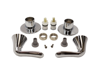 Polished chrome handles and escutcheons white platic cartridges stainless nuts and plastic handle adapters.
